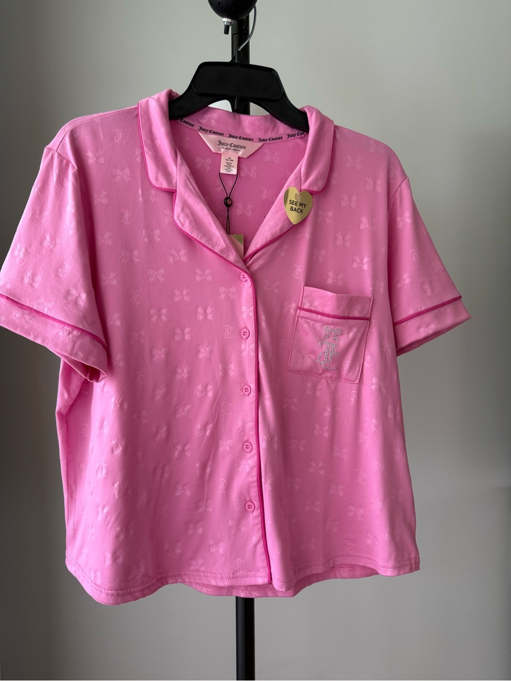 Juicy Couture Pink Pajama Set XL Bow Print Rhinestone Sleepwear Shorts Set NWT